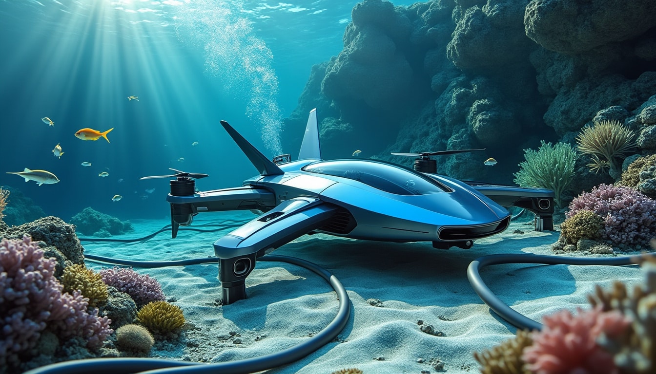 découvrez l'utilisation innovante des drones sous-marins pour la pose assistée de câbles électriques en océanographie, optimisant les opérations sous-marines avec précision et efficacité.